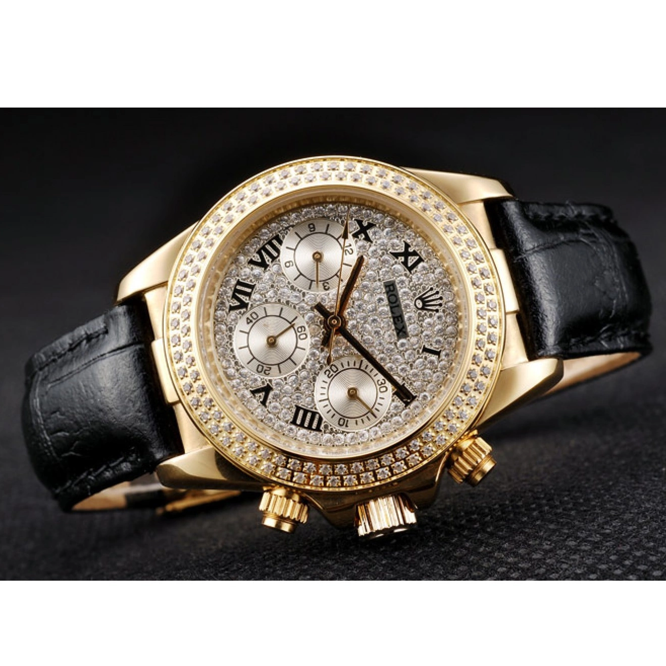 Rolex aaa copy Studded Dial Bezel 98238 Rolex Case Daytona Crystal Studded Gold Lady Crystal 0730